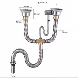 Thoát chậu rửa bát hai hố inox 304. xiphong chậu rửa bát Inox, lắp đặt vừa tất cả các loại chậu chuyền thống