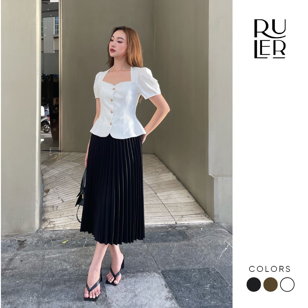 Áo cộc tay tay bồng Peplum chất vải chéo Ý THE RULER