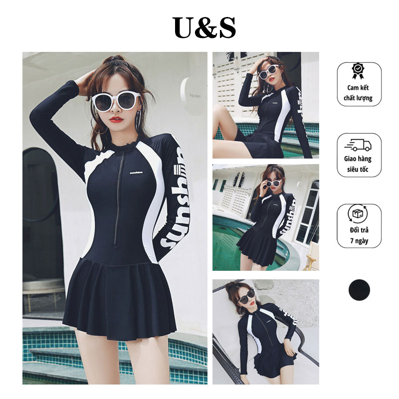 Bikini Đồ bơi nữ liền thân khóa kéo sành điệu váy bơi dài tay có quần bảo hộ áo tắm biển đồ bơi giả váy nữ đi biển kín đáo dành cho bạn nữ có đệm ngực
