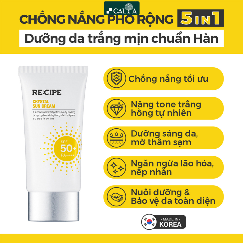 Kem Chống Nắng RECIPE Dưỡng Trắng, Nâng Tone, Chống Nước SPF50+ PA++++ - RE:CIPE Crystal Sun Cream 50ml