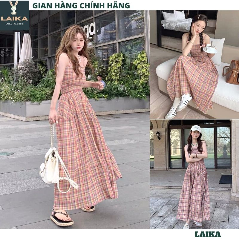 Váy maxi 2 dây kẻ hồng nơ vai chun ngực - Đầm dài xòe tầng tiểu thư vintage nữ tính đi biển đẹp LAIKA V128