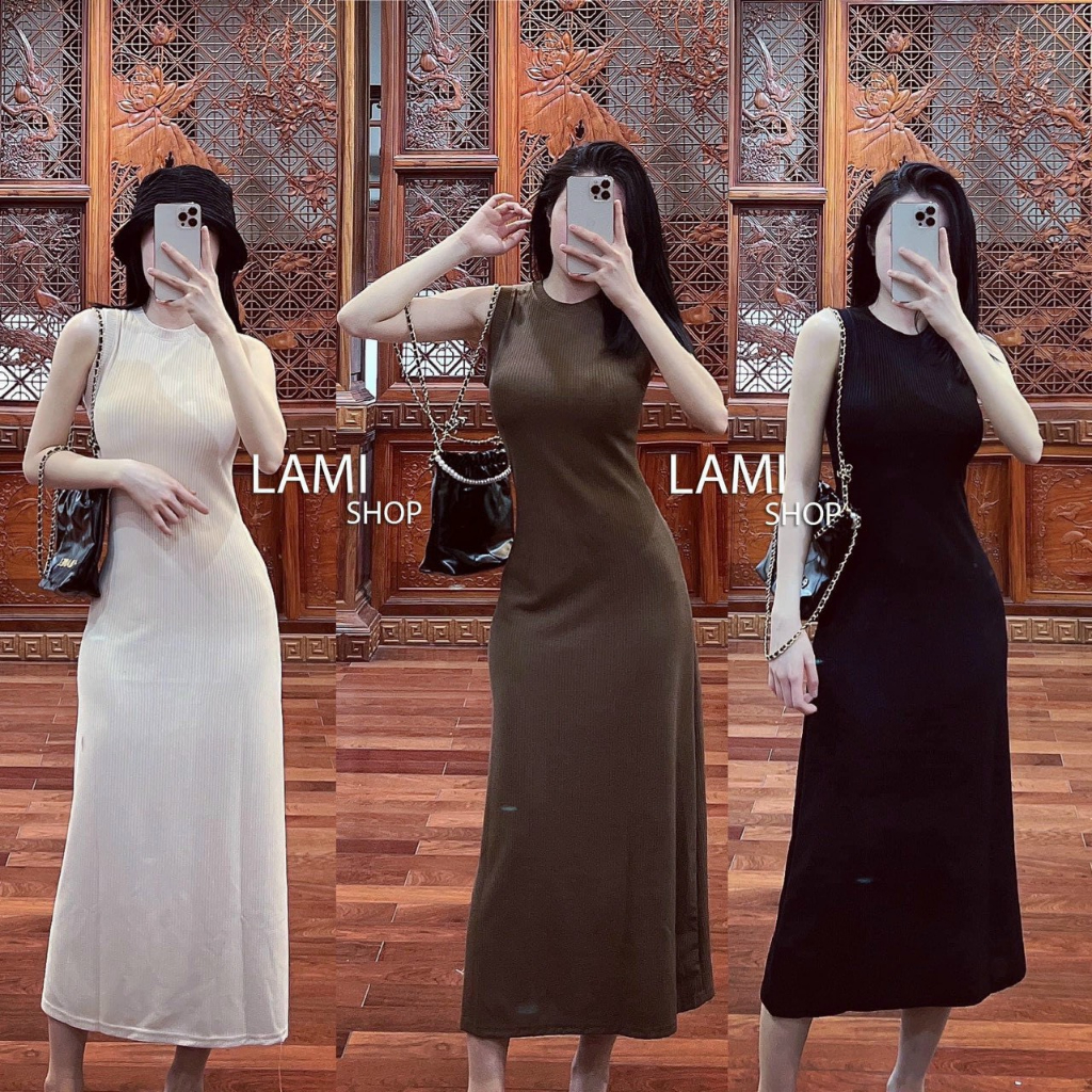 Đầm Nữ Thụ Gân Dáng Dài Sẻ Tà Ôm Eo, Váy Ôm Body 2 Dây Ngang Dài Qua Gối Sexy Tôn Dáng Dể Phối