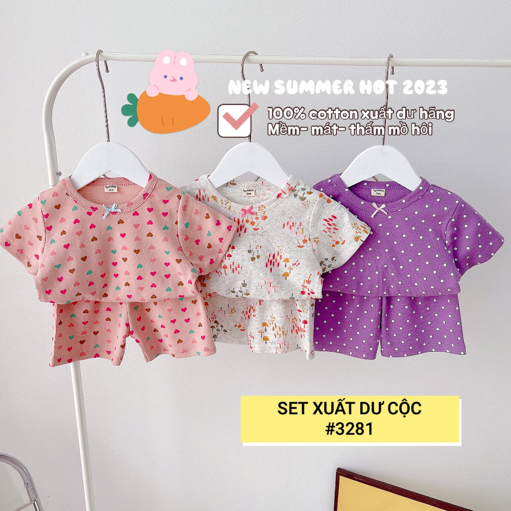 Set 3 bộ Cotton xuất dư cho bé gái - Bộ cotton cộc tay cho bé mùa hè, bộ quần áo trẻ em đồ dày dễ thương
