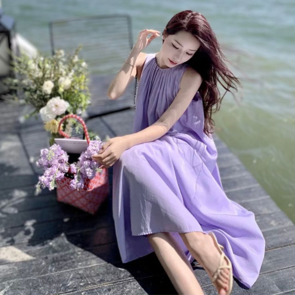 Váy đầm suông maxi tím dáng dài sát nách kiểu babydoll xếp li ngực