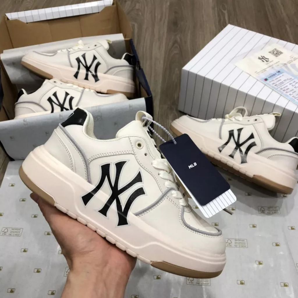 Giày MLB Chunky Liner White Black quoai dán đế nâu chữ la Xịn Sò, Giầy MLB Đen Xanh Trắng Full Box Bill