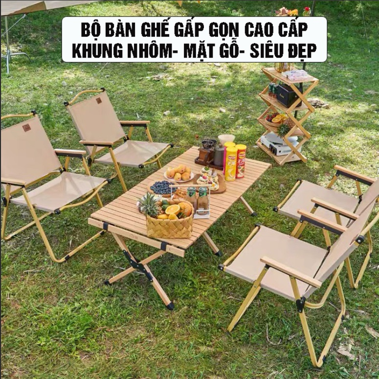 Bàn ghế nhôm gấp gọn dã ngoại camping giả vân gỗ siêu tiện lợi, bàn ghế picnic siêu tiện dụng, dụng cụ cắm trại | BigBuy360 - bigbuy360.vn