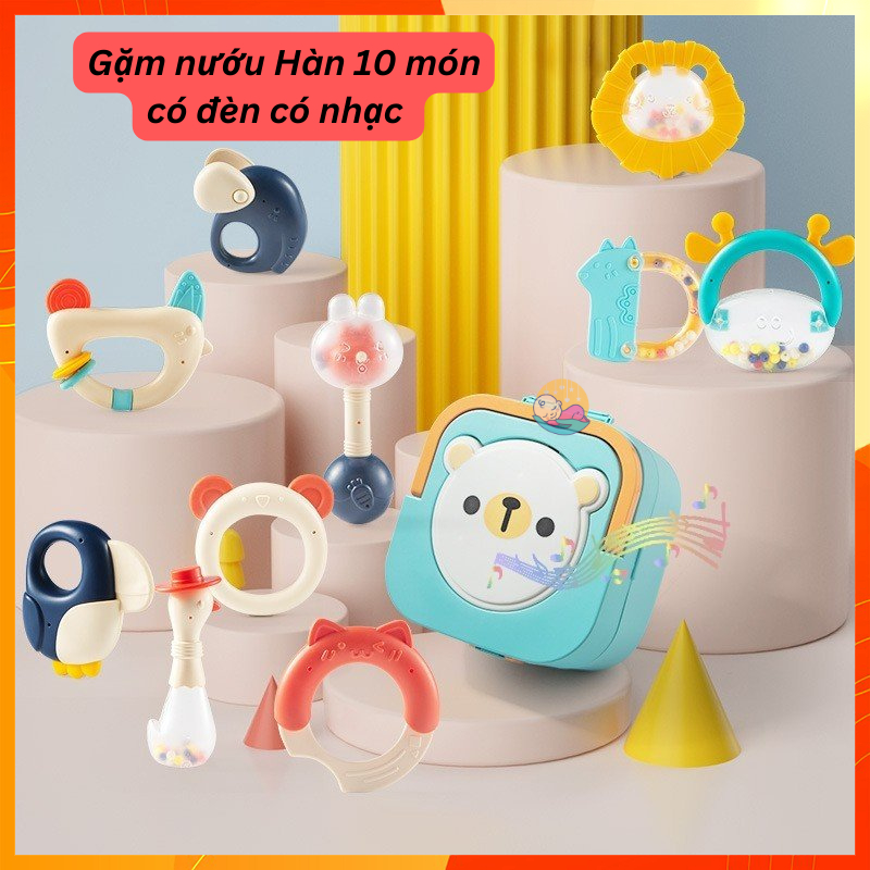 Gặm nướu Umoo đèn nhạc cho bé, bộ xúc xắc hình động vật silicon, an toàn cho bé, có thể tiệt trùng