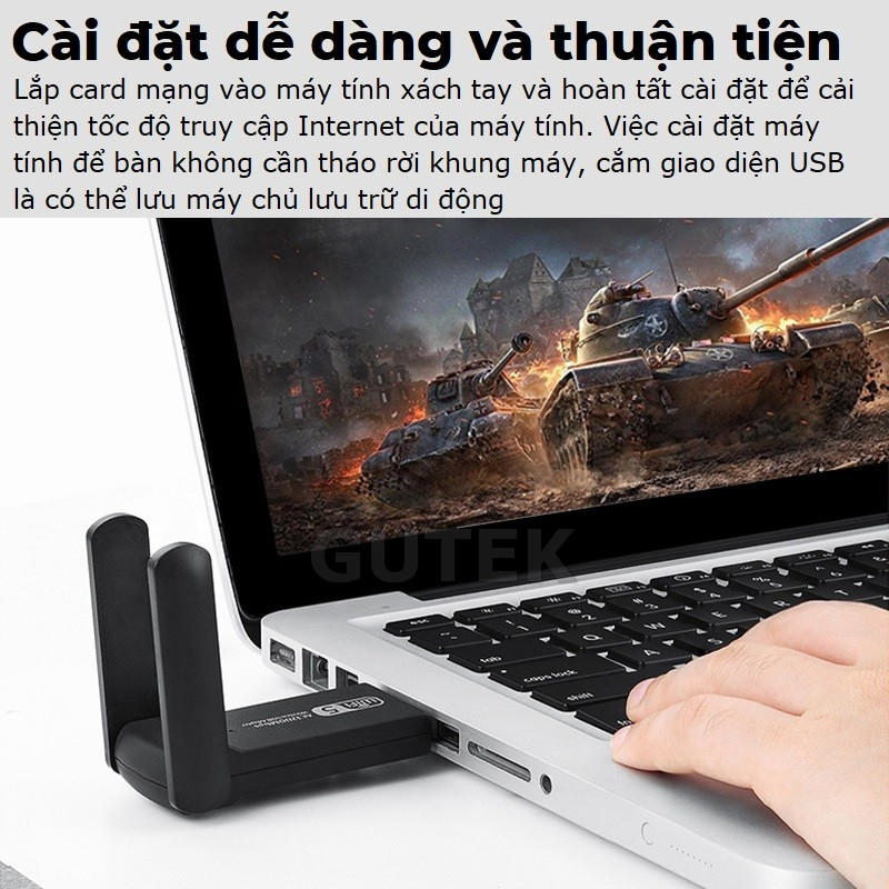 USB thu sóng wifi Gutek WD46 1200mbps 2 râu nâng cấp WiFi lên 5G cho máy tính pc laptop tần số 2.4G 5G | BigBuy360 - bigbuy360.vn