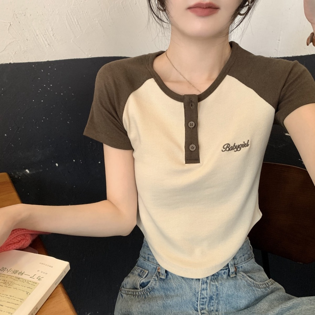 Áo thun Croptop ngắn tay cổ tròn BABYGID Nhiều Cúc Hot Trend, Áo phông cộc tay màu sắc tương phản thời trang mùa hè AP07 | BigBuy360 - bigbuy360.vn
