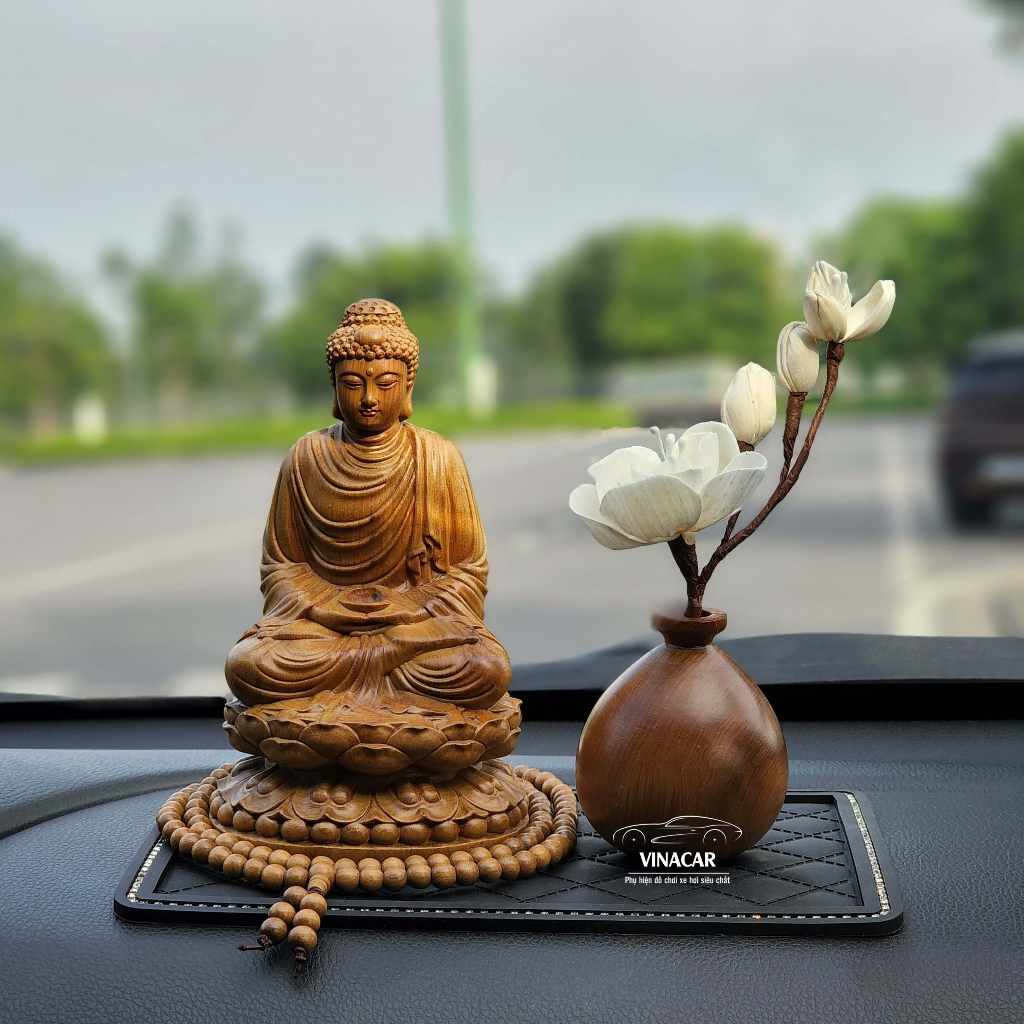 Tượng thích ca gỗ để taplo xe hơi, set phật thích ca gỗ mix mộc liên hoa trang trí ô tô
