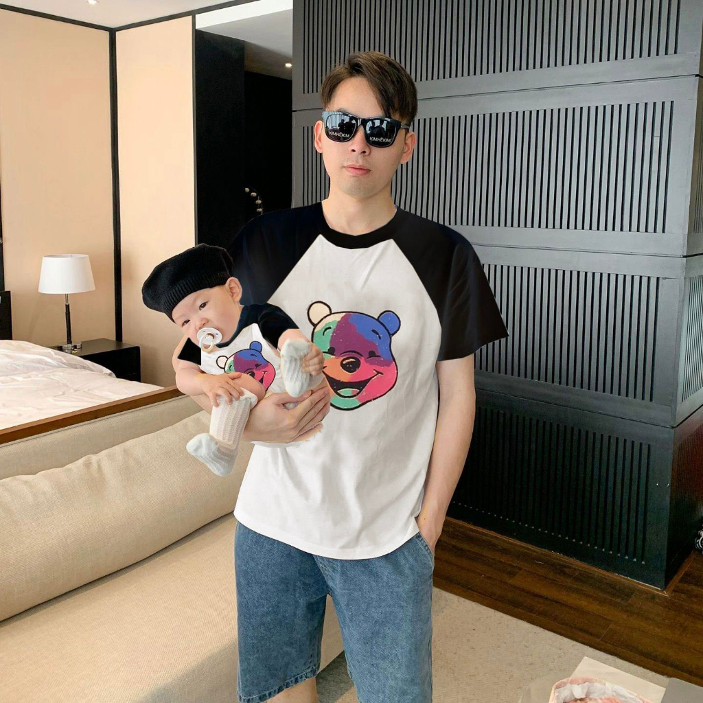 Set áo gia đình Hokiha Kid hình mặt gấu sắc màu chất cotton mềm mịn, co giãn 4 chiều đi du lịch TE339