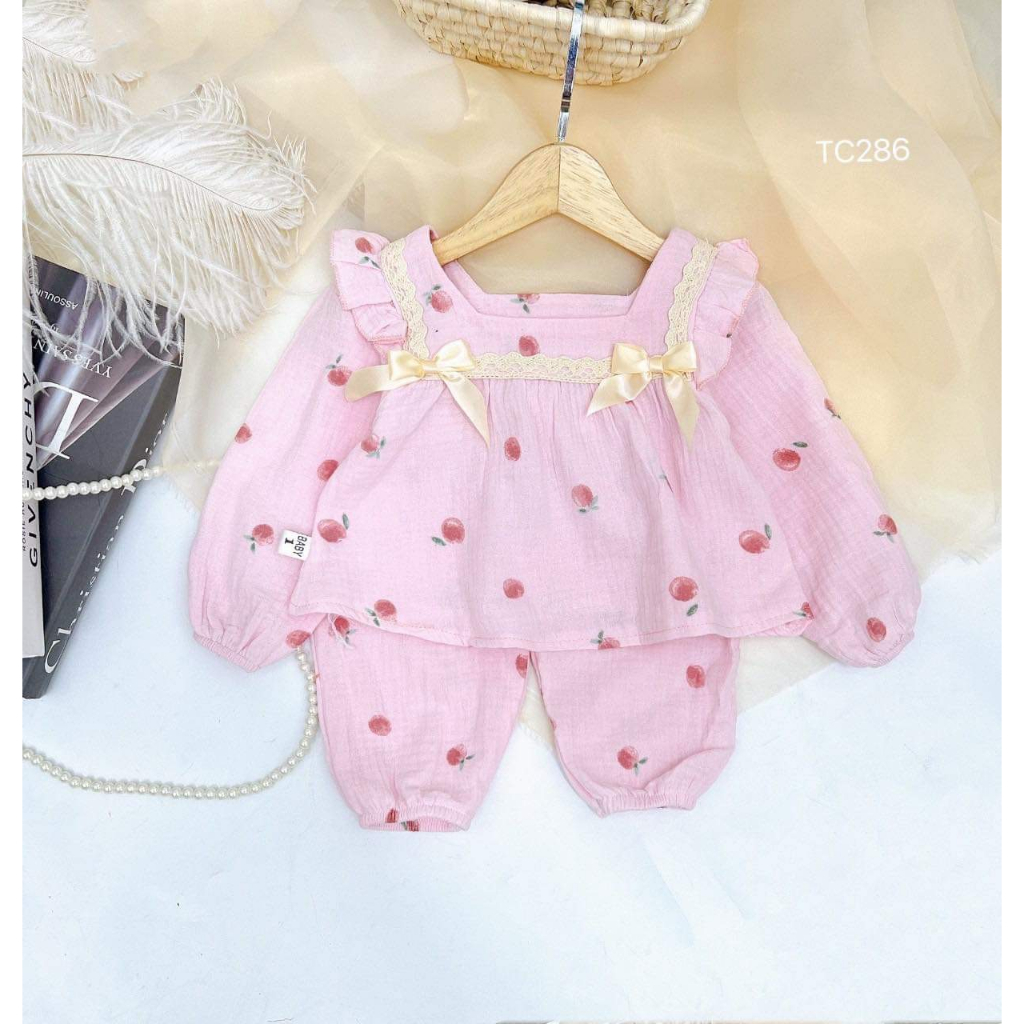 Bộ dài tay cánh tiên vải xô Muslin cao cấp, chất liệu oganic cho bé gái