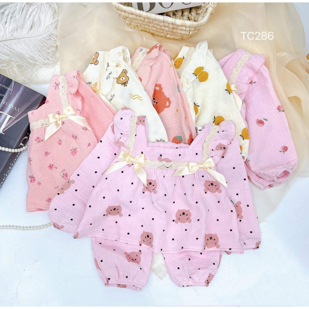 Bộ dài tay cánh tiên vải xô Muslin cao cấp, chất liệu oganic cho bé gái
