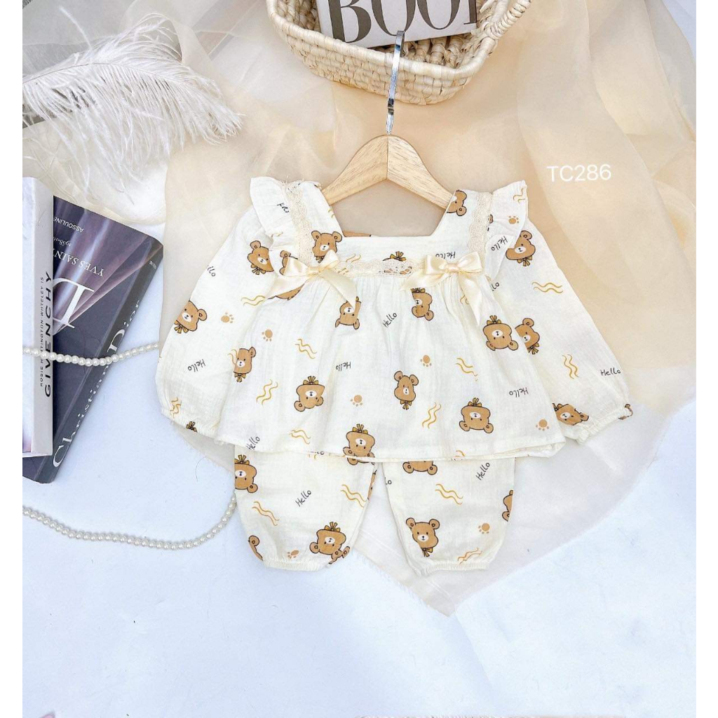Bộ dài tay cánh tiên vải xô Muslin cao cấp, chất liệu oganic cho bé gái