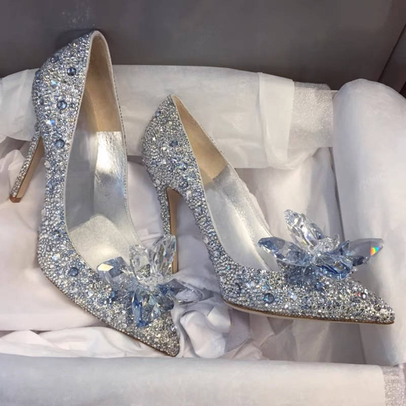 S007 Cao gót 6cm pha lê dự tiệc kim cương nơ mũi nhọn giày stiletto nữ