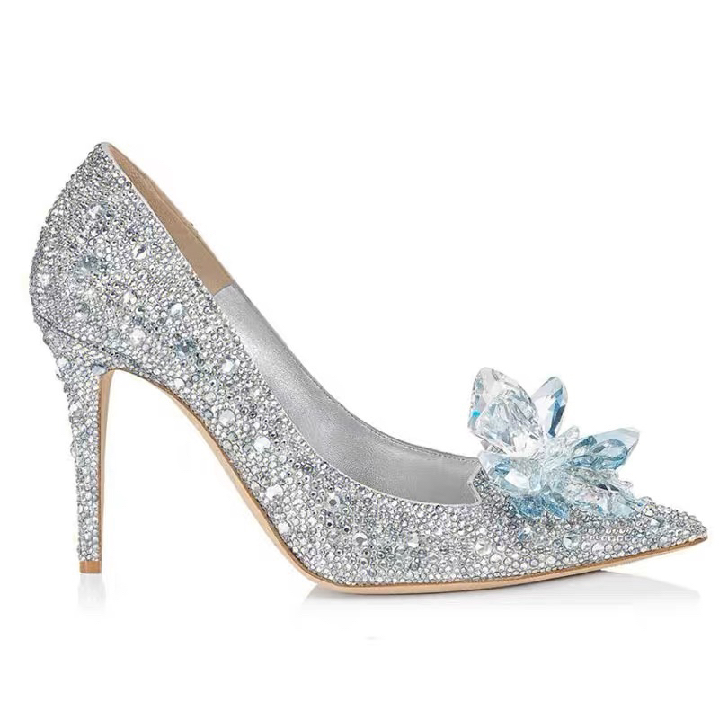 S007 Cao gót 6cm pha lê dự tiệc kim cương nơ mũi nhọn giày stiletto nữ