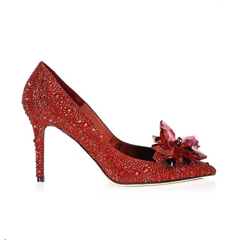 S007 Cao gót 6cm pha lê dự tiệc kim cương nơ mũi nhọn giày stiletto nữ