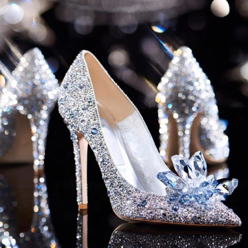 S007 Cao gót 6cm pha lê dự tiệc kim cương nơ mũi nhọn giày stiletto nữ