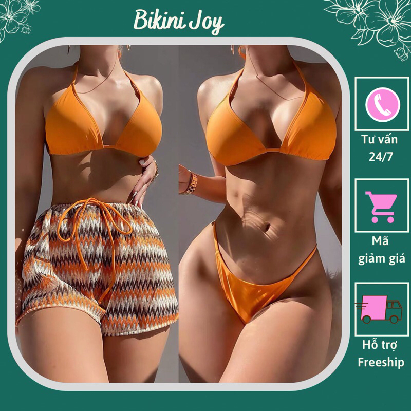 Set quần đùi đi biển hoạ tiết sọc cam kèm bộ bikini bên trong