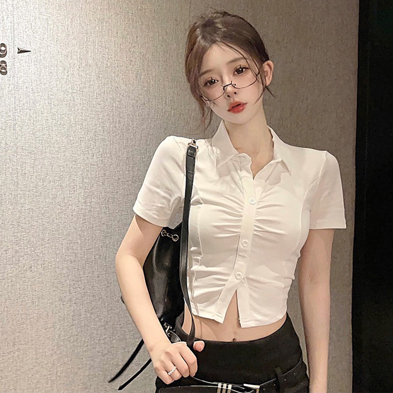 SET ÁO CROPTOP SƠ MI NHÍU NGỰC TRẮNG + CHÂN VÁY ĐEN + BELT