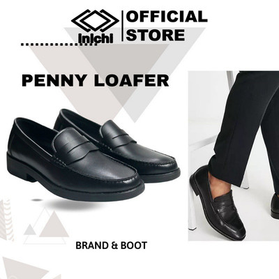 Giày da nam penny loafer Inichi G1085 full đen, da lì