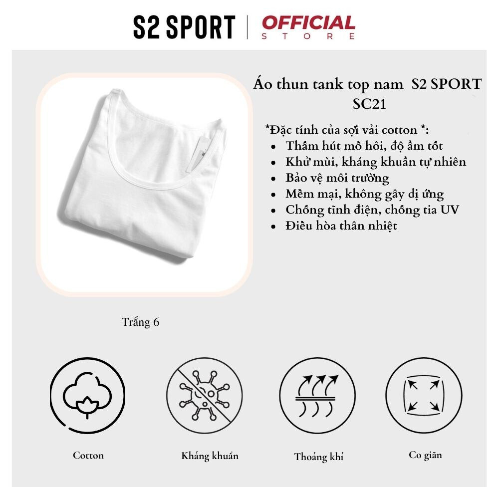 Áo ba lỗ nam trơn S2 SPORT SC21 áo lót trong nam sát nách vải cotton trắng co giãn thoáng mát thấm hút mồ hôi tốt