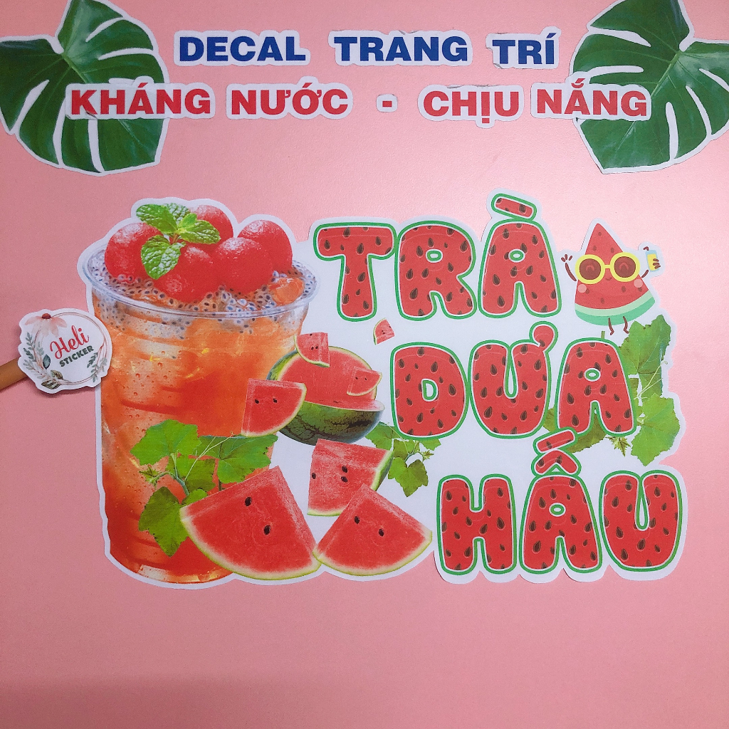 Decal Trang Trí TRÀ DƯA HẤU ✨ Hình Dán Decor Quán Trà Sữa, Cà Phê, Nước Ép - Sticker Kháng Nước, Chịu Nắng, Cắt Sẵn.