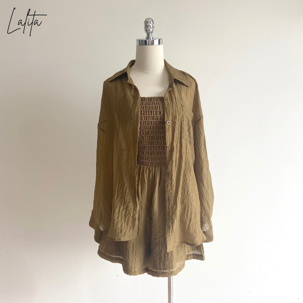 Set jumpsuit kèm áo khoác sơ mi siêu xinh ba màu rêu, đen, nâu có bigsize Lalita