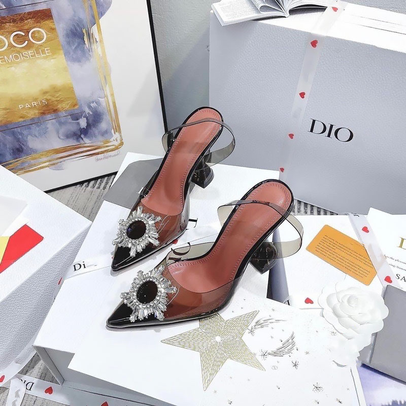 Sandal nữ cao gót mica trong đá mặt trời gót loe fullbox trắng