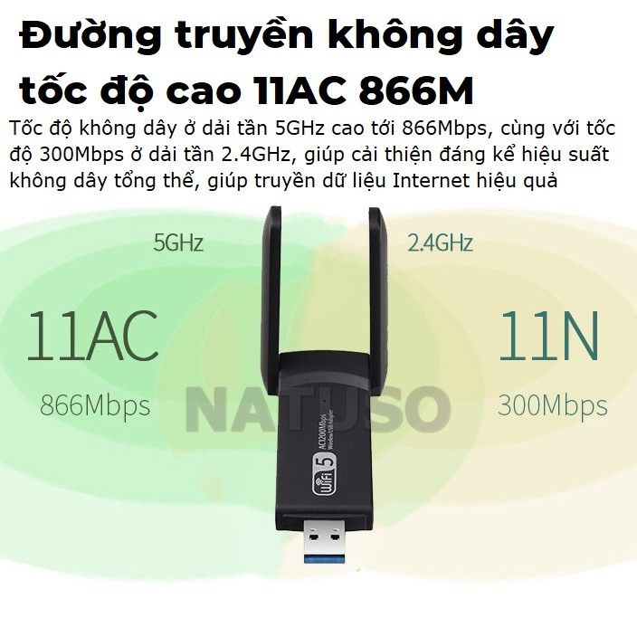 USB thu sóng wifi WD46 1200mbps 2 râu nâng cấp WiFi lên 5G cho máy tính pc laptop tần số 2.4G 5G | BigBuy360 - bigbuy360.vn