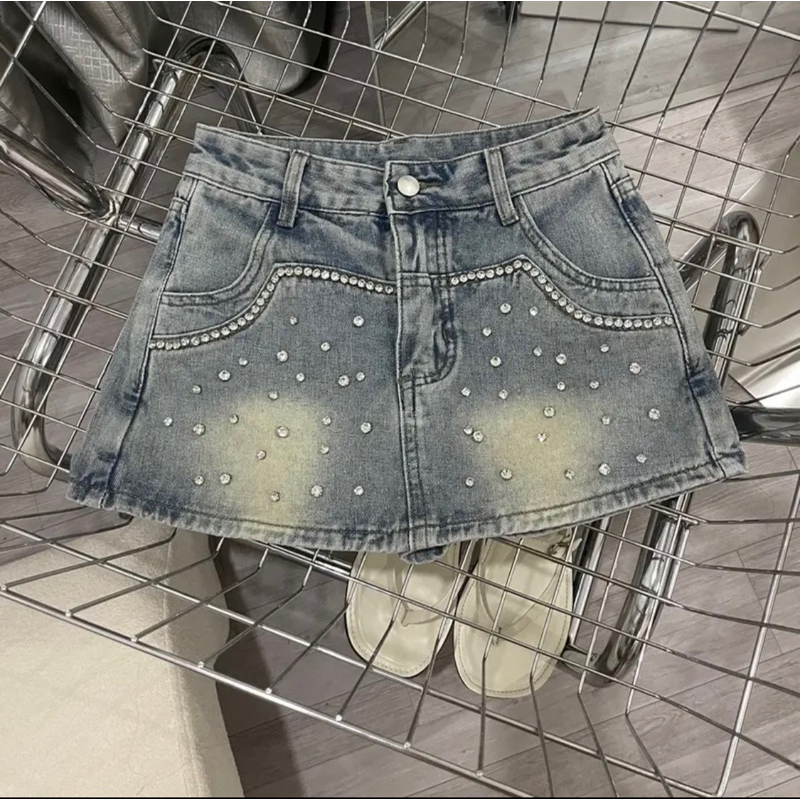 ( Hình thật, sẵn S/M) Quần giả váy jean bò nữ, form chữ A, Chân váy jean đính đá ngắn Hàng QCL1 See Store