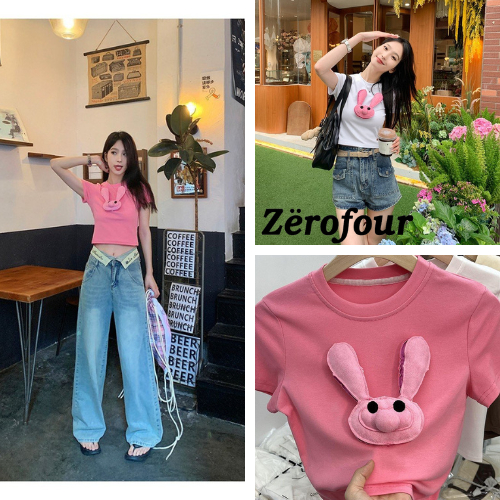 Áo thun croptop thỏ đáp nổi kiểu dáng basic ôm body, Áo phông babytee tay ngắn cổ tròn phong cách ulzzang ZEROFOUR