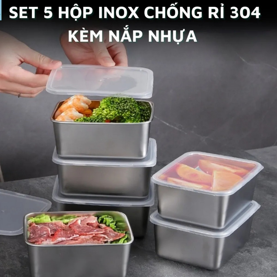 Set 5 hộp đựng thực phẩm tủ lạnh combo 5 hộp inox kèm nắp đậy nhựa size 13,5 x 5.8 x 10,5cm
