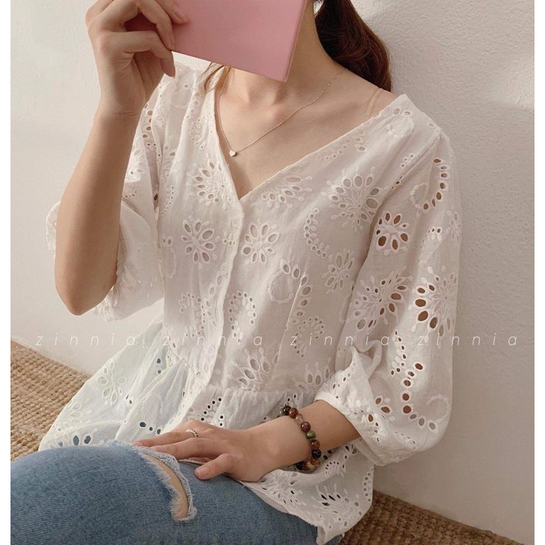 Áo sơ mi top.shop VNXK vải thô thêu toàn bộ mặt vải cầu kỳ