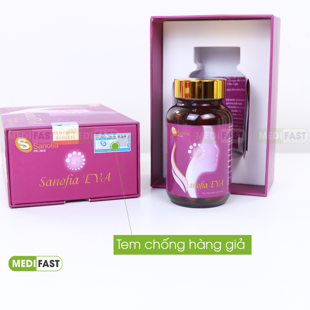 Viên uống Sanofia Eva tím tăng nội tiết tố, làm chậm quá trình lão hóa da, tăng tính đàn hồi của da, giảm nếp nhăn.