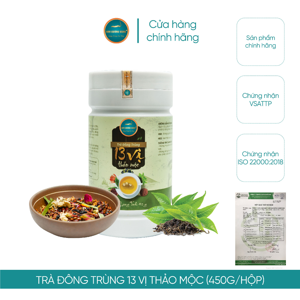 Trà Thảo Mộc Đông Trùng Hạ Thảo Gạo Lức Hoa Hồng 13 Vị  Kim Cương Vàng Hộp 450g