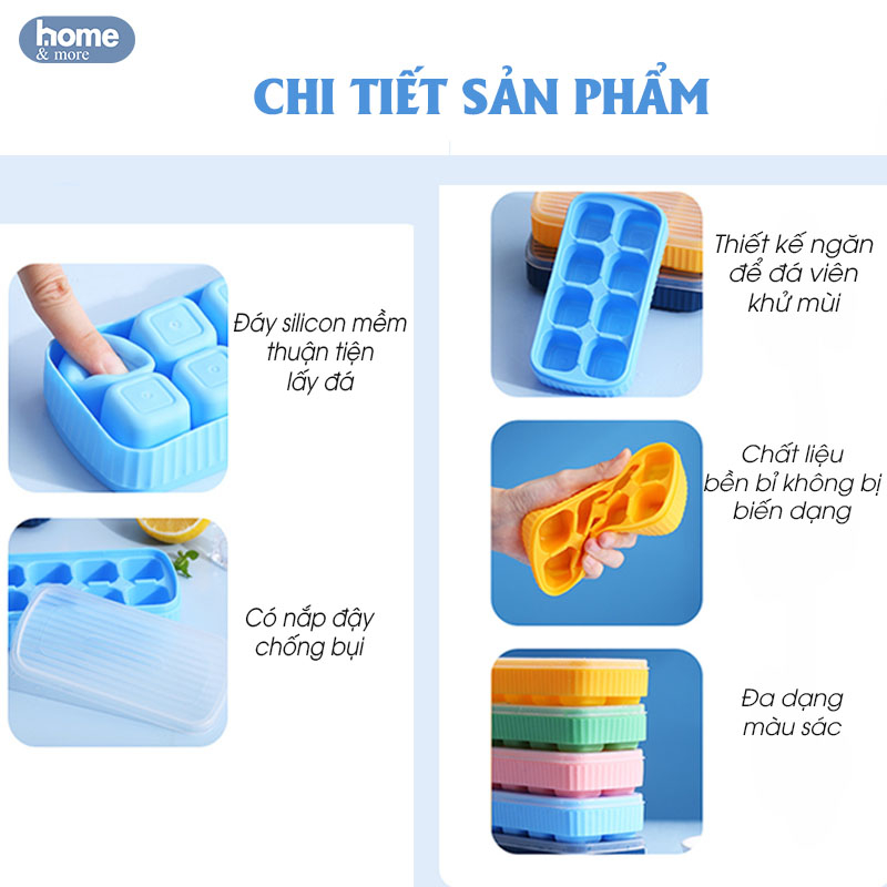 Khay đá silicone 8 ngăn có nắp ngăn mùi, khuôn làm thạch hoa quả tiện lợi dễ dàng