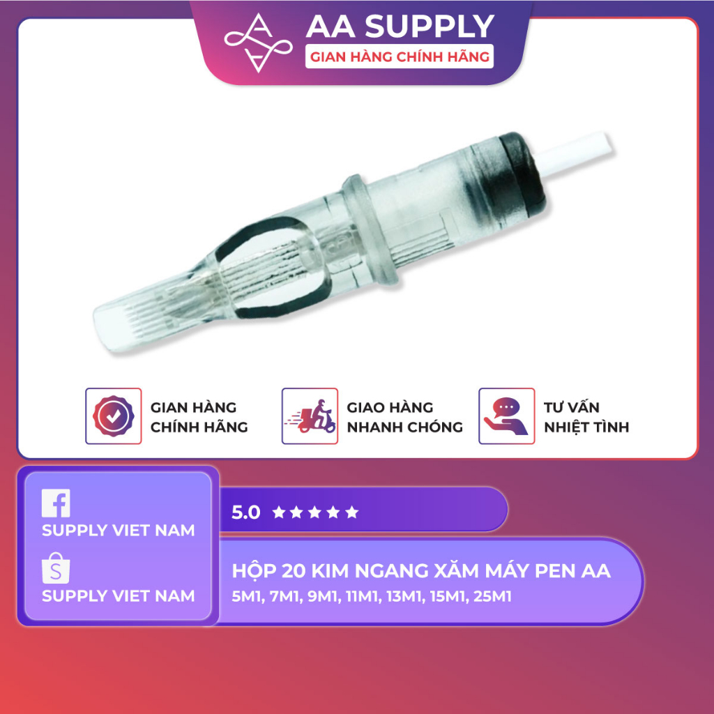 Hộp 20 kim đạn xăm máy pen AA kim ngang - 5M1, 7M1, 9M1, 11M1, 13M1, 15M1, 25M1