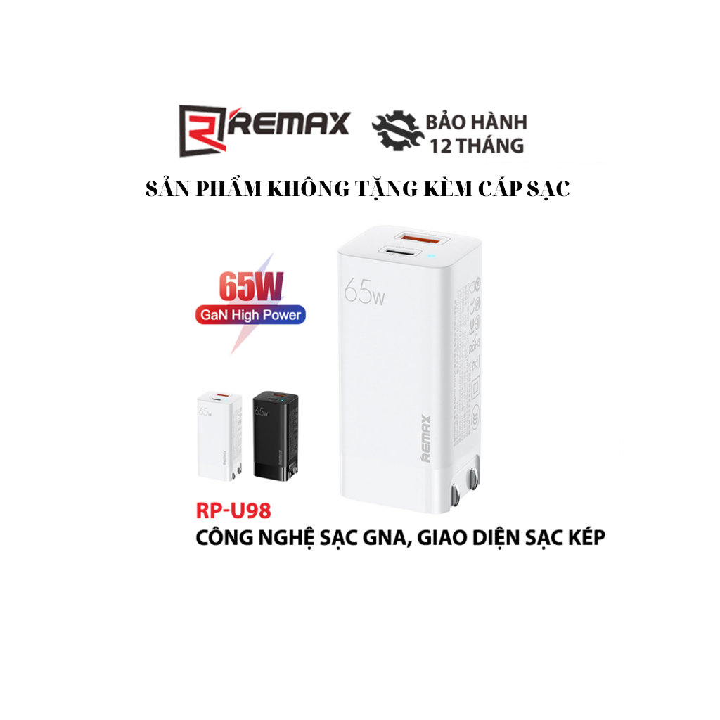 Cốc sạc nhanh đa năng GaN Remax RP-U98 Siya Series max 65W 1 Cổng USB A, 1 Cổng Type C