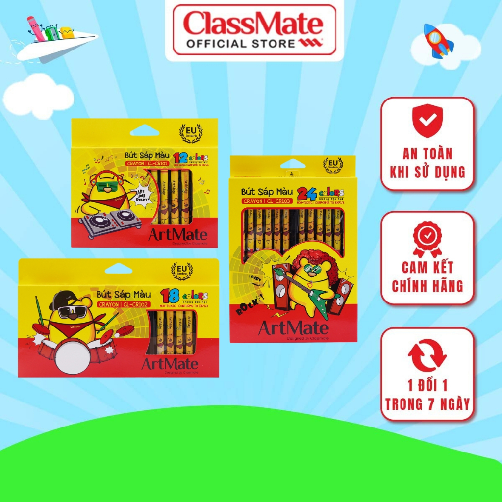 Bút Sáp Màu CLASSMATE 12-24 Màu, Màu Mịn, Đồ Chồng Màu Tốt, Bám Giấy Tốt Cho Bé Tập Tô CL-CR101/102/103