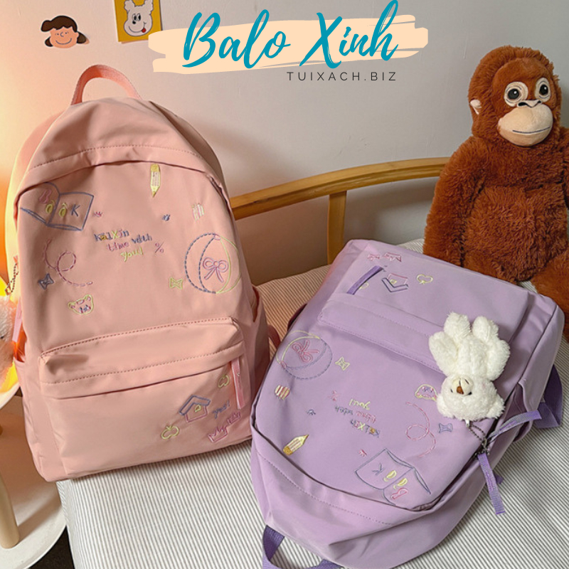 Balo đi học nữ xinh xắn cặp đi học nữ đáng yêu họa tiết thêu tay cute duyên dáng thời trang nhiều ngăn BLX10