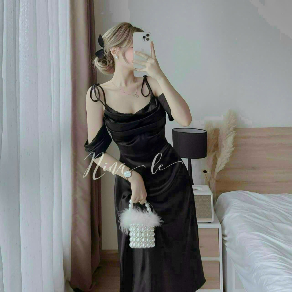 Váy đầm nữ dự tiệc sang chảnh, đầm lụa maxi 2 dây cổ đỗ nhún ngực trễ vai dây tay búp dáng dài sexy, quyến rũ dx