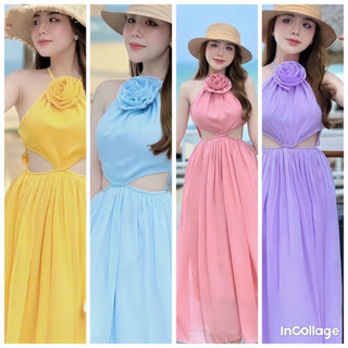 Váy đầm nữ du lịch. đầm maxi trơn màu cổ yếm đính hoa khoét eo dáng dài qua gối, đầm maxi đi biển đính hoa sang chảnh mt