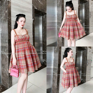 Đầm babydoll caro 2 dây cổ vuông nhún ngực dáng xoè, đầm tiểu thư kẻ sọc ô vuông babydoll bầu bí mặc được mtb
