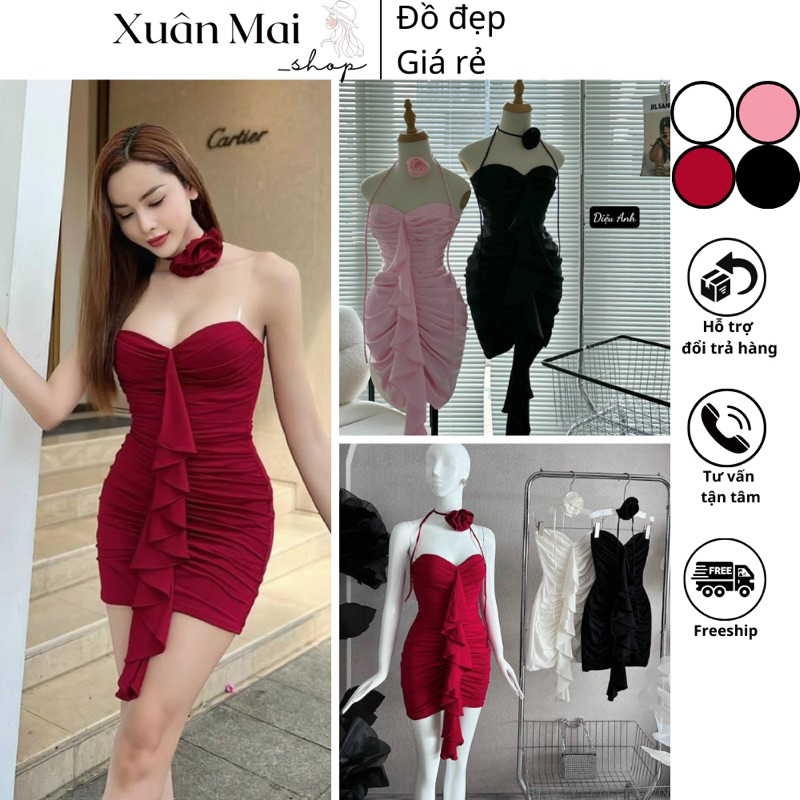 [FREESHIP-TẶNG CHOKER HOA CỔ] Đầm mini ôm body form ngắn cúp có mút ngực nhún viền bèo nhiều màu siêu xinh