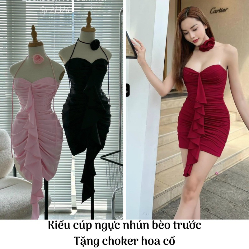 [FREESHIP-TẶNG CHOKER HOA CỔ] Đầm mini ôm body form ngắn cúp có mút ngực nhún viền bèo nhiều màu siêu xinh