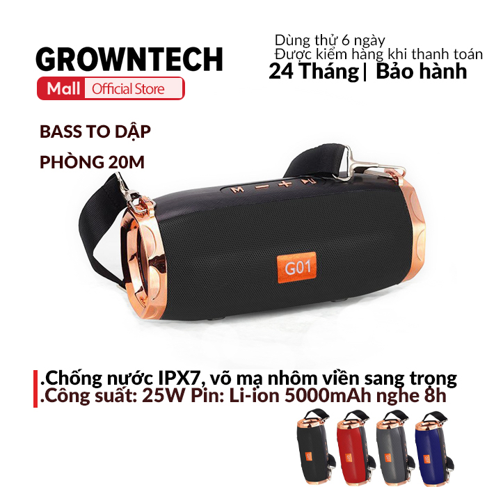 Loa bluetooth không dây GrownTech ET 805 bass mạnh vỏ thép chống nước tặng dây đeo