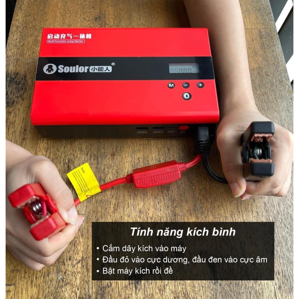 Kích bình ắc quy Kèm bơm lốp ô tô, xe máy SOULOR. Có đèn pin và sạc dự phòng dung lượng 79800mah- 149800mah. BH 12 tháng