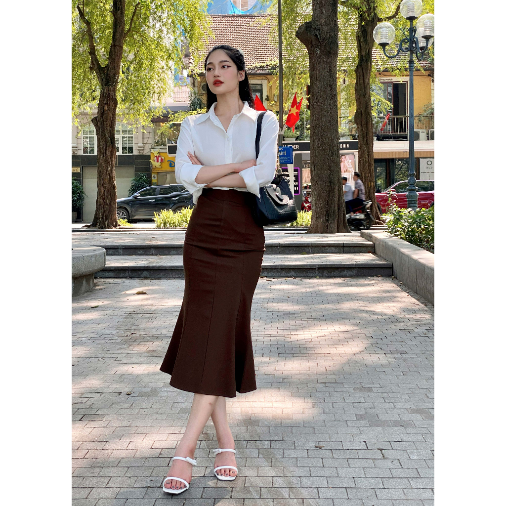 Chân váy đuôi cá Lachi dáng dài qua gối ôm body khóa kéo xẻ sau chất umi co giãn có bigsize CV48