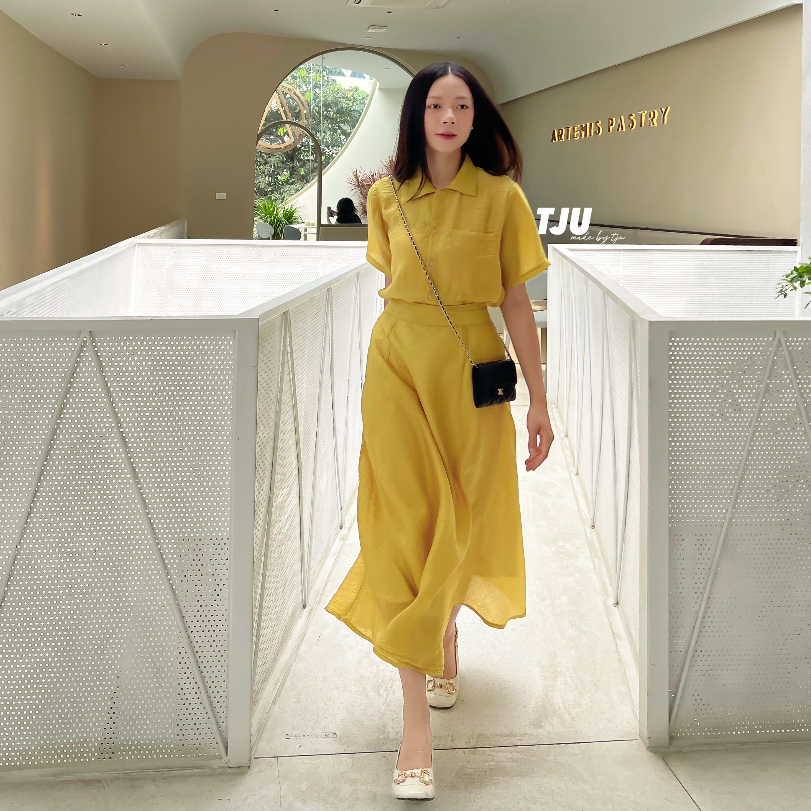 Áo sơ mi cộc tay cổ đức chất tơ sang, mỏng, nhẹ, bay, nàng thơ JOY (TJU thiết kế)